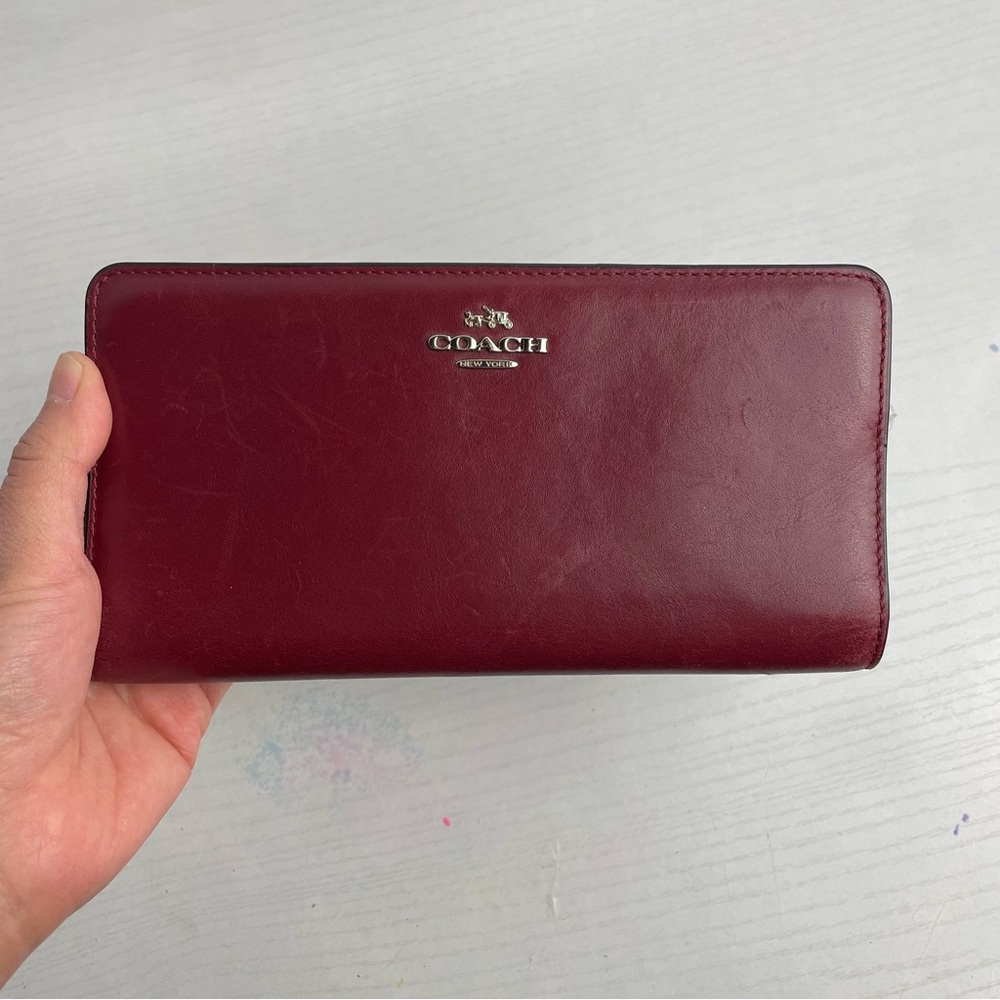COACH Red Burgundy Leather Zip Wallet. Notice flaws
